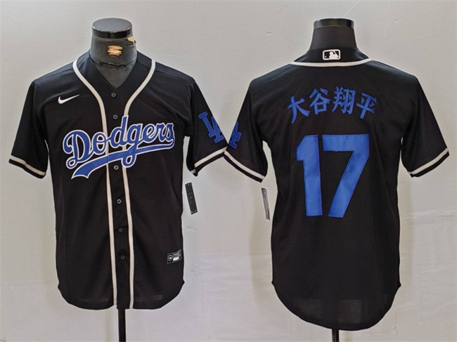 Men's Los Angeles Dodgers #17 大谷翔平 Black Cool Base With Patch Stitched Baseball Jersey